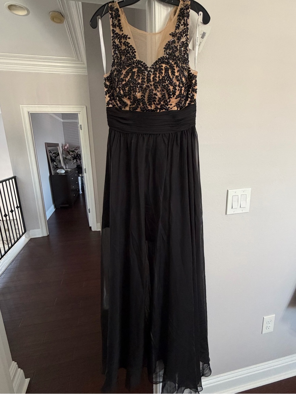 Sherri Hill Black & Nude Embroidered Chiffon Maxi Dress